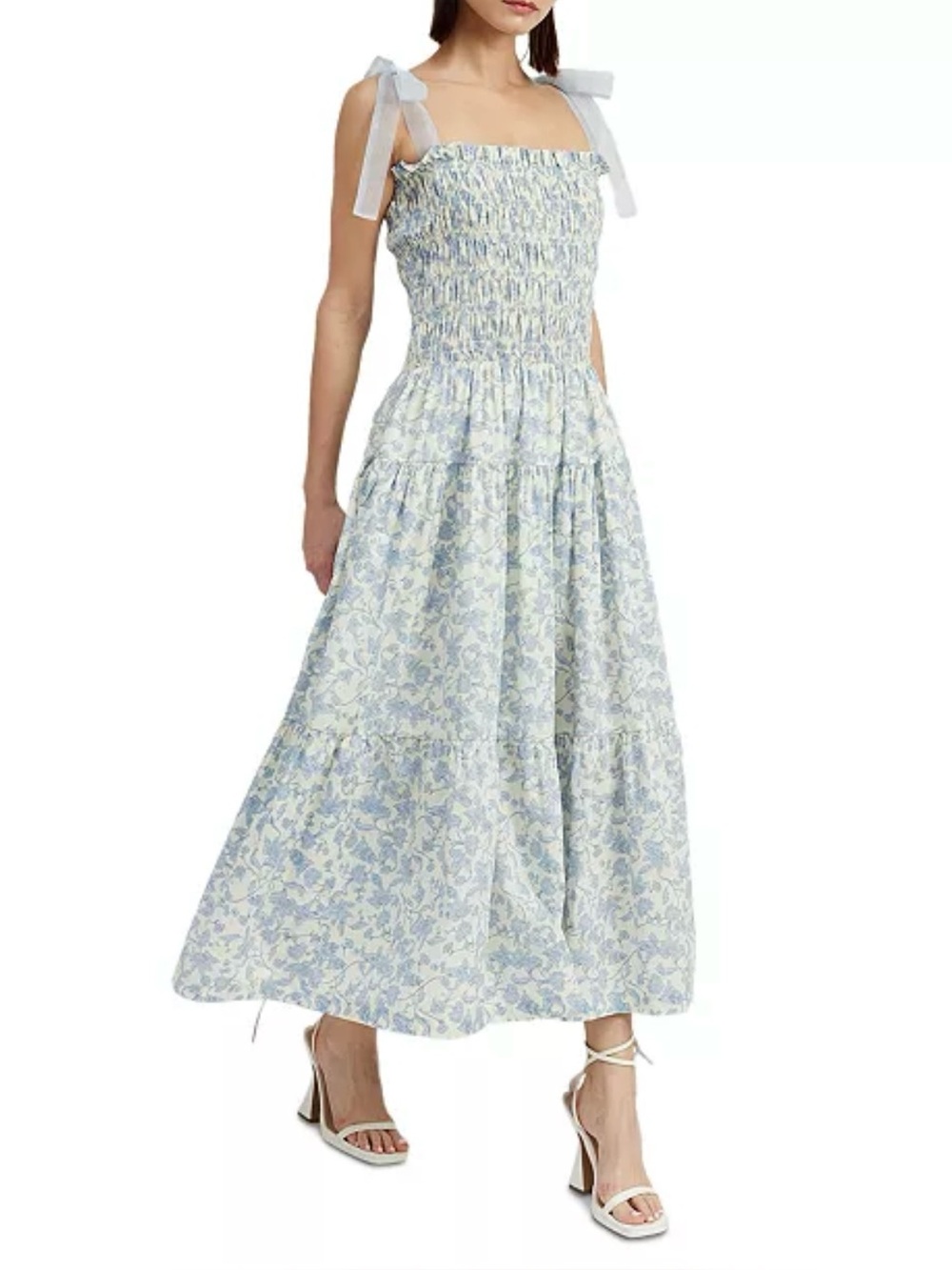 En Saison Light Blue Floral Smocked Maxi Dress with Tie Straps